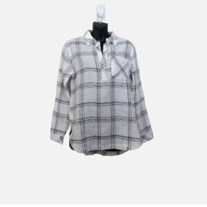 Garnet Hill Size 4 Linen Plaid Popover Top White Long Sleeve Windowpane
